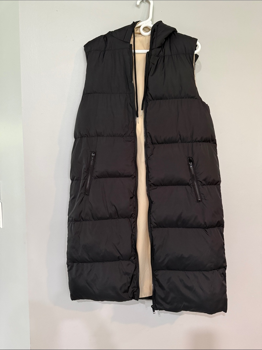 Women's Black Puffer Hooded Long Vest